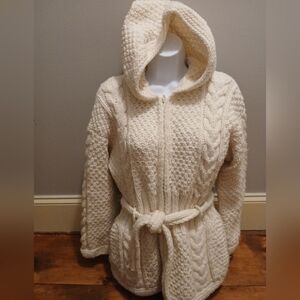 VTG SISANDINA Wool Chunky Cable Knit Cardigan Sweater Hooded Zip Jacket Handmade